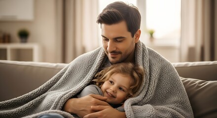 Father and daughter cuddling on couch under blanket enjoying family time together at home concept image father's day
