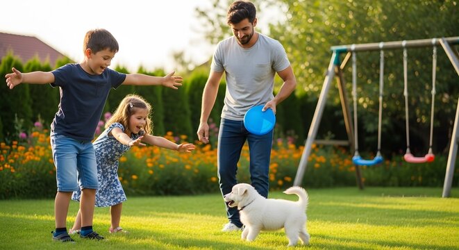 Family fun outdoors: father and children playing frisbee with puppy in backyard on a sunny day together father's day