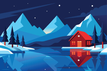 Fototapeta premium Red Winter Cabin with Snowy Mountains and Lake Vector
