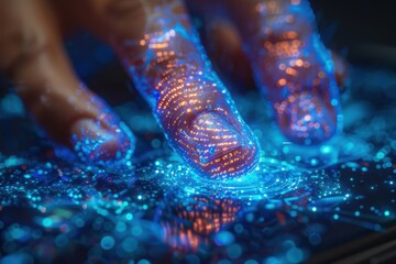 Fingerprint scanning technology glowing blue and orange fingerprint scanner biometric