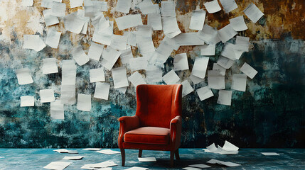 A red armchair sits before a wall covered in scattered paper notes.