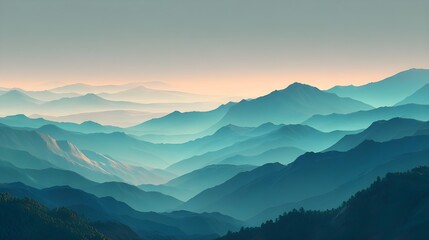Obraz premium Layered turquoise mountain ridges at sunrise with mist – generative AI
