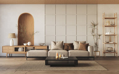 A contemporary living room interior design mock-up featuring vibrant decorative accents, 3D render	