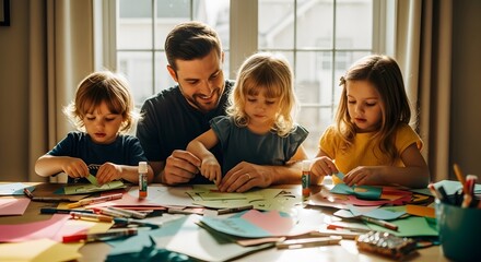 Father and children crafting together at home diy art projects family time creative activities parenting father's day