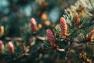 Pine tree branches with sunlit buds and green needles natural backdrop