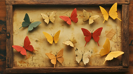 Colorful paper butterflies displayed inside a rustic wooden framed shadow box.