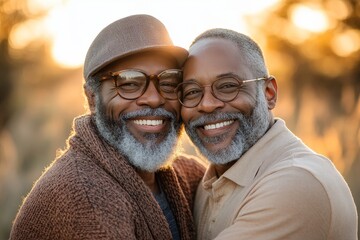 Two happy Black men hugging outdoors at golden hour. Smiling senior African American gay couple hugging in nature, Generative AI