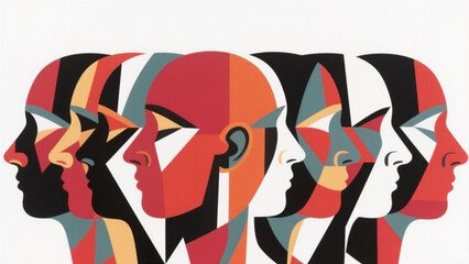 Obraz premium Abstract Geometric Portrait of Multiple Faces in Profile