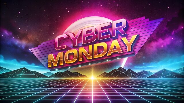 Cyber Monday retro neon grid landscape with planet