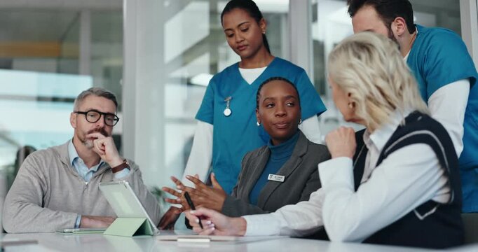 Healthcare, colleagues and group with tablet, clinic or research for investment, web or opportunity. Talking, administrator and people with tech for funding grant, planning and discussion in hospital