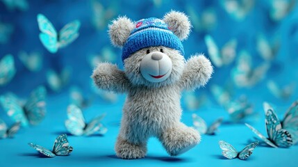 Playful teddy bear in a blue hat surrounded by butterflies