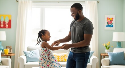 Fototapeta premium Father and daughter dancing at home, happy family moments, african american family, love and joy, family time father's day
