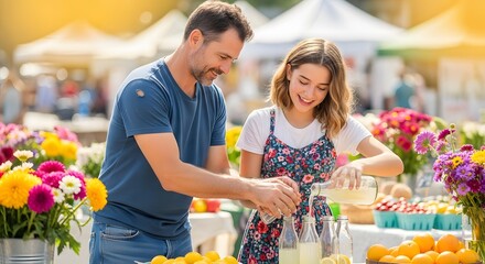 Father and daughter selling homemade lemonade at outdoor farmers market on a sunny day summer time father's day