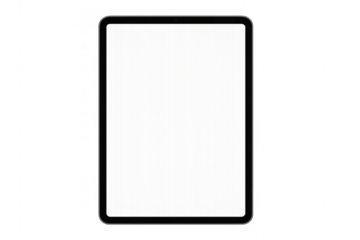 Sleek tablet displaying blank white screen, hovering against transparent backdrop, ready for digital content presentation