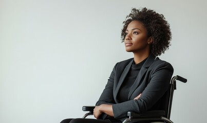 Disabled Black businesswoman in a wheelchair against a white background. Successful and ambitious African American young female entrepreneur with a disability, Generative AI