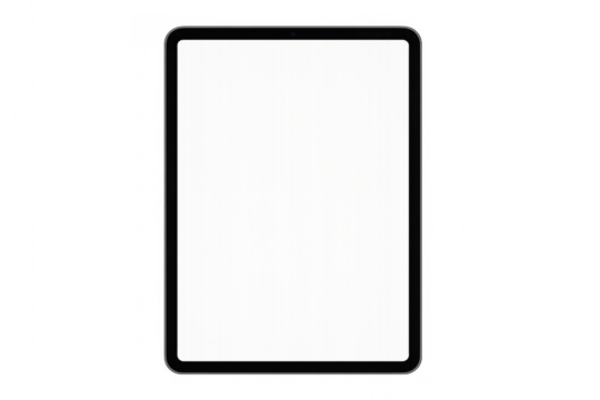 Sleek tablet displaying blank white screen, hovering against transparent backdrop, ready for digital content presentation