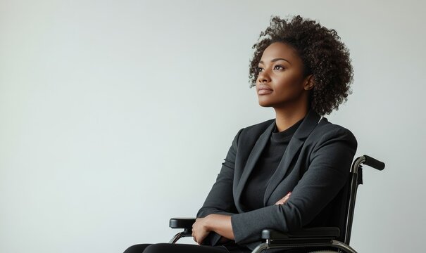 Disabled Black businesswoman in a wheelchair against a white background. Successful and ambitious African American young female entrepreneur with a disability, Generative AI - Powered by Adobe