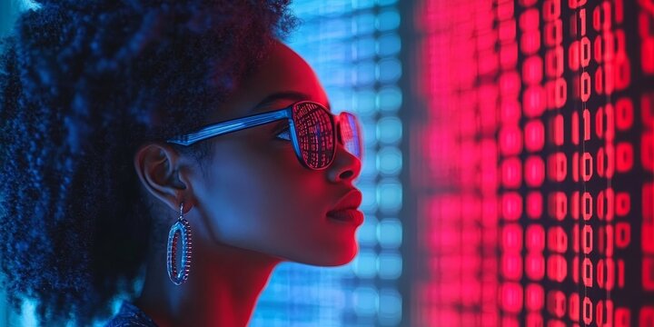 AI cybersecurity threat, Black African American female IT specialist analyzing data information technology, augmented reality artificial intelligence blue and red, matrix numbers, Generative AI - Powered by Adobe