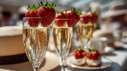Champagne and Strawberries at Royal Ascot Festival, Elegant Summer Refreshments Symbolize British Luxury, Tradition, and Celebration at This Iconic Horse Racing Event