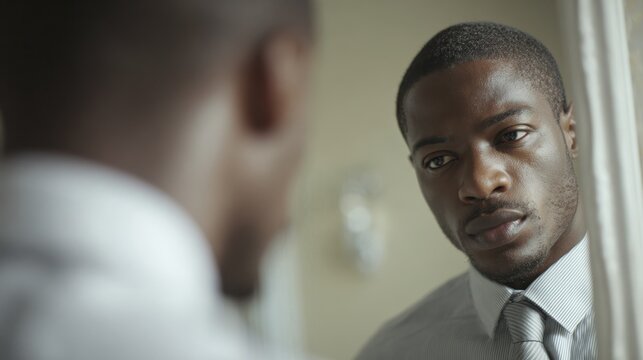Black Man Looking In Mirror. Young African American Businessman at Mirror - Powered by Adobe