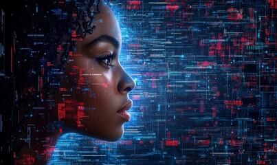 AI cybersecurity threat, Black African American female IT specialist analyzing data information technology, augmented reality artificial intelligence blue and red, matrix numbers, Generative AI