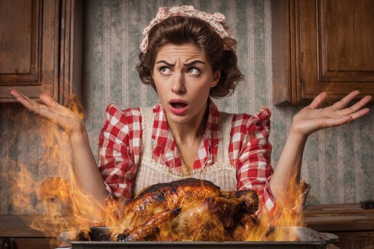 Burnt Turkey. Funny Housewife in Cooking Fiasco - Roast Gone Wrong! - Powered by Adobe