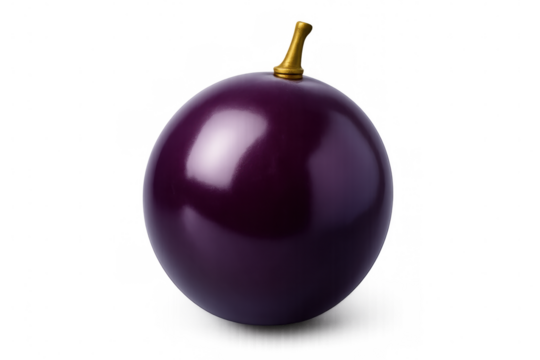 Ripe purple grape hanging, deep color highlighting curved surface and slender stem against transparent backdrop