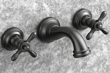 Close-up of matte black wall-mounted faucet with three handles, mounted on a gray stone surface