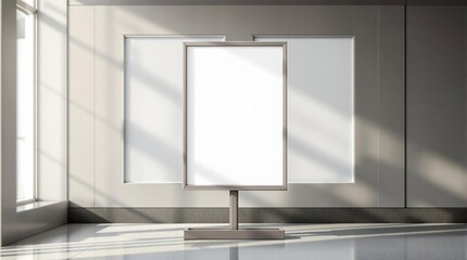 Interior image of a blank vertical signage board in a modern building, with natural light