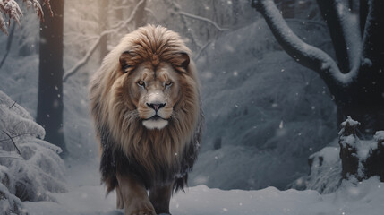 Obraz premium The Crown of the Wild. Roar of Royalty. A lion walking through a snowing way.