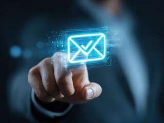 Confirmation Email. Icon of Blue Envelope on Futuristic Interface - Electronic Mail and Message Concept