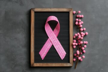 Pink ribbon for breast cancer awareness and letter board on gray backdrop