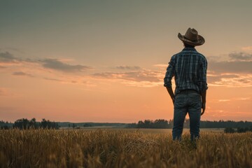 Cowboy Alone. Lone Farmer Standing in Wheat Field at Sunset with Green Landscape