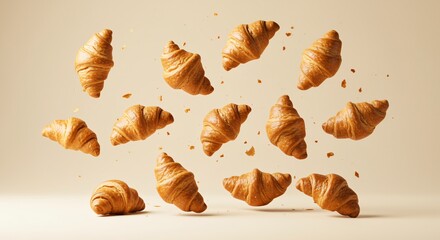 Fototapeta premium Delicious Golden Brown Croissants Falling on Beige Background Bakery Food Photography