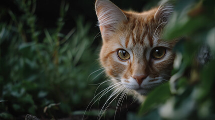 Close - up of Ginger Cat in Grass, Pet Portrait with Natural Greenery