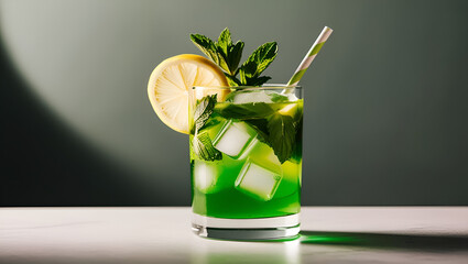 Classic mojito cocktail with lemon wedges and mint sprigs in clear glass on a dark moody surface