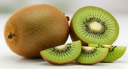 Fototapeta premium Fresh whole and sliced kiwi fruit isolated on white background, tropical healthy food concept