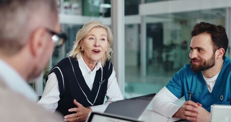 Hospital manager, meeting and discussion with people for good news, medical results or clinic budget. Smile, nurse and group planning with healthcare cost, surgery schedule and task delegation - Powered by Adobe