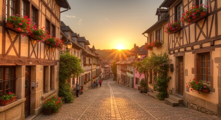 Fototapeta premium Charming cobblestone street in a picturesque European village at sunset, with half-timbered houses and flower boxes.