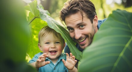 Father and son playing peek a boo in nature happy family moments parenting and childhood relationship outdoors father's day