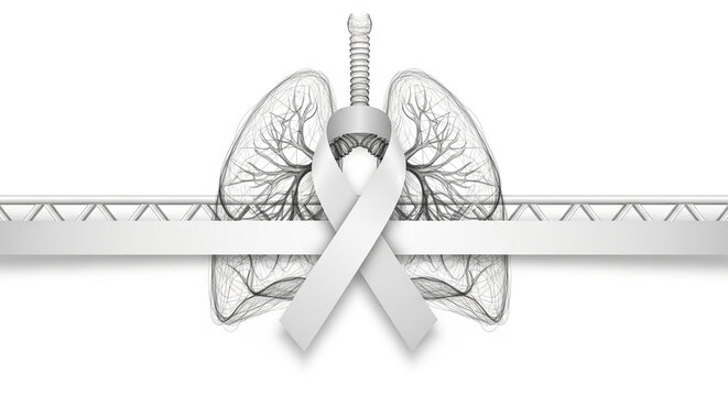 Lung cancer awareness concept with a white ribbon over a human respiratory system illustration.