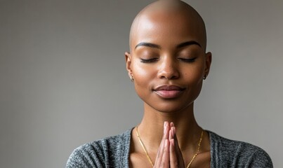Bald Black woman meditating. Happy African American female with shaved head practicing wellness yoga and meditation. Alopecia awareness hair loss. LGBTQ+ Pride month, Generative AI