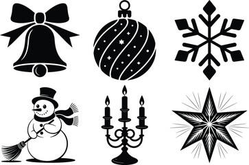 Fototapeta premium Christmas Element Silhouette Bundle - Santa, Tree, Snowflake, Reindeer & More SVG Set. Christmas Decorations Silhouette - Bells, Ornaments, Gifts, Wreaths & Stars.