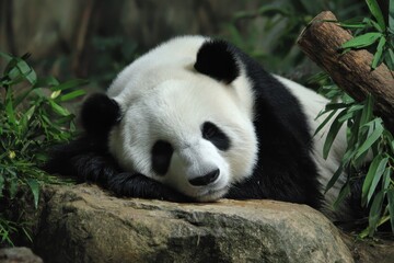 Fat Panda. Giant Panda Bear Sleeping Peacefully in Bamboo Forest Habitat
