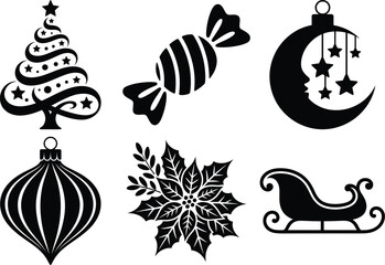 Christmas Element Silhouette Bundle - Santa, Tree, Snowflake, Reindeer & More SVG Set. Christmas Decorations Silhouette - Bells, Ornaments, Gifts, Wreaths & Stars.