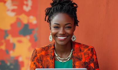 Inclusive image of happy Black female digital nomad working remotely on a laptop. Smiling candid African American laughing on virtual video call meeting. Inclusive and flexible, Generative AI