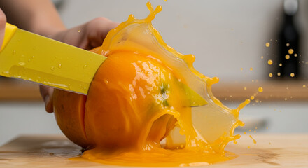 A person cutting an orange with a yellow knife, creating a splash of juice in mid-air on a wooden cutting board.