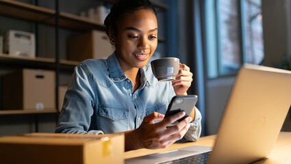 Woman working from home with laptop and phone drinking coffee small business owner