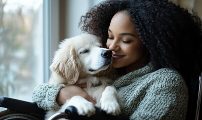 Disabled African American woman in a wheelchair cuddling office dog. Candid inclusion and diversity concept. Workplace pet. Bring your dog to work day, Generative AI