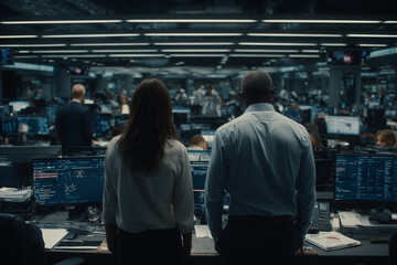 Obraz premium Business team analyzing stock market data in trading office